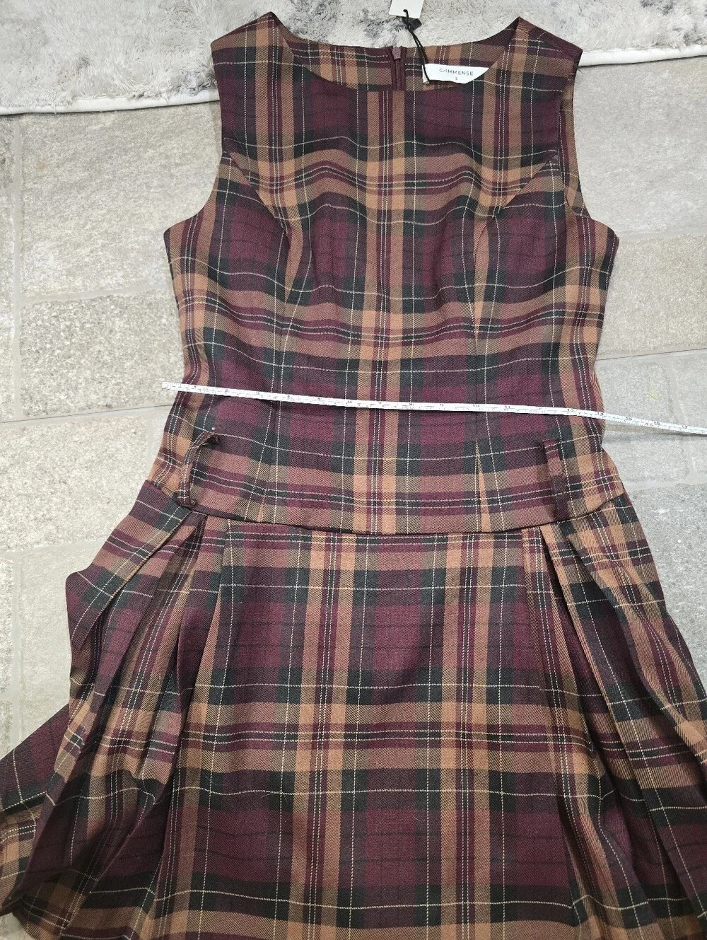 NWT Commense Checkered Pleated Tank Dress Without Belt Small Plaid Mini Red Tan - Picture 9 of 11